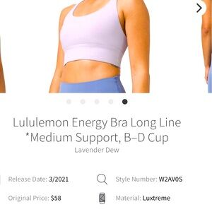 Lululemon Energy Longline Bra - NWOT - Size 12 - Color is Lavender Dew.